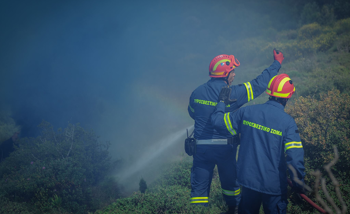 Two firefighters hold a hose and try to smother a fire in a hill